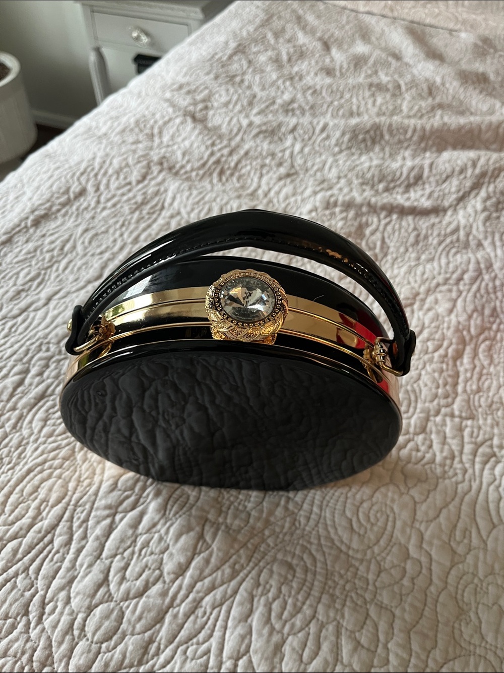 Black Patent Round Clutch with Gold Jewel Accent